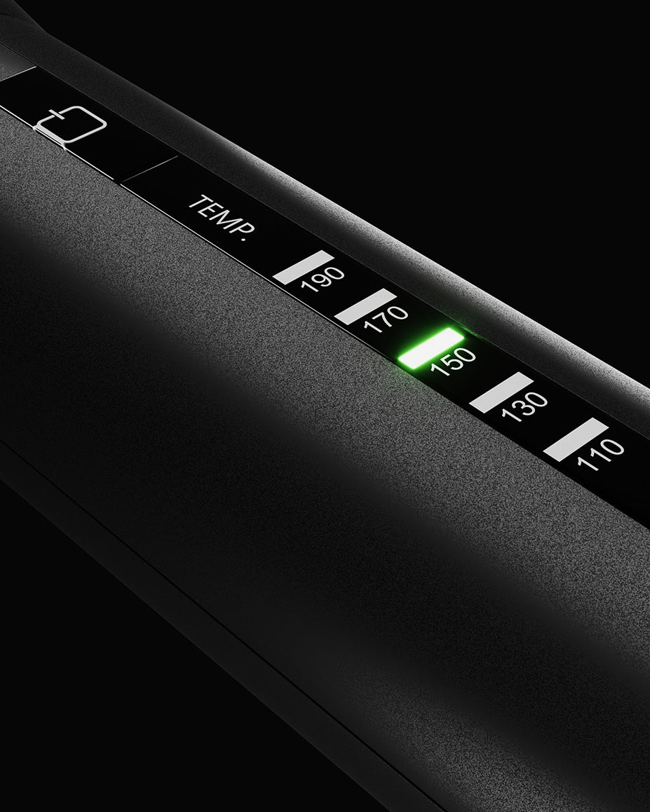 A close up image of the temperature setting on a CLOUD NINE straightener from 110 degrees celcius to 190. 